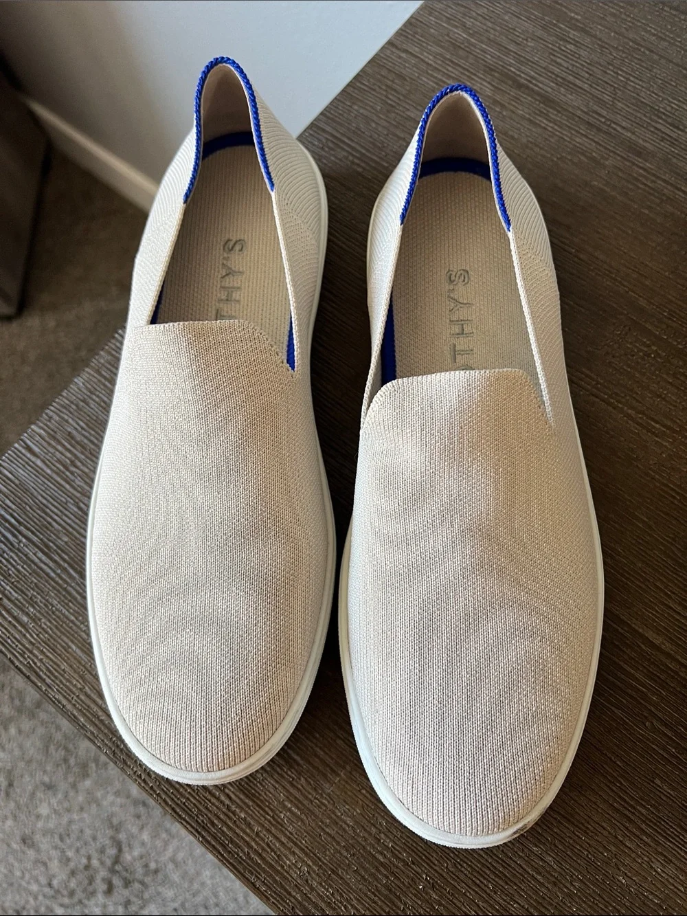 Rothy's Slip-On Loafers in Cream with Blue Trim - Picture 2 of 5
